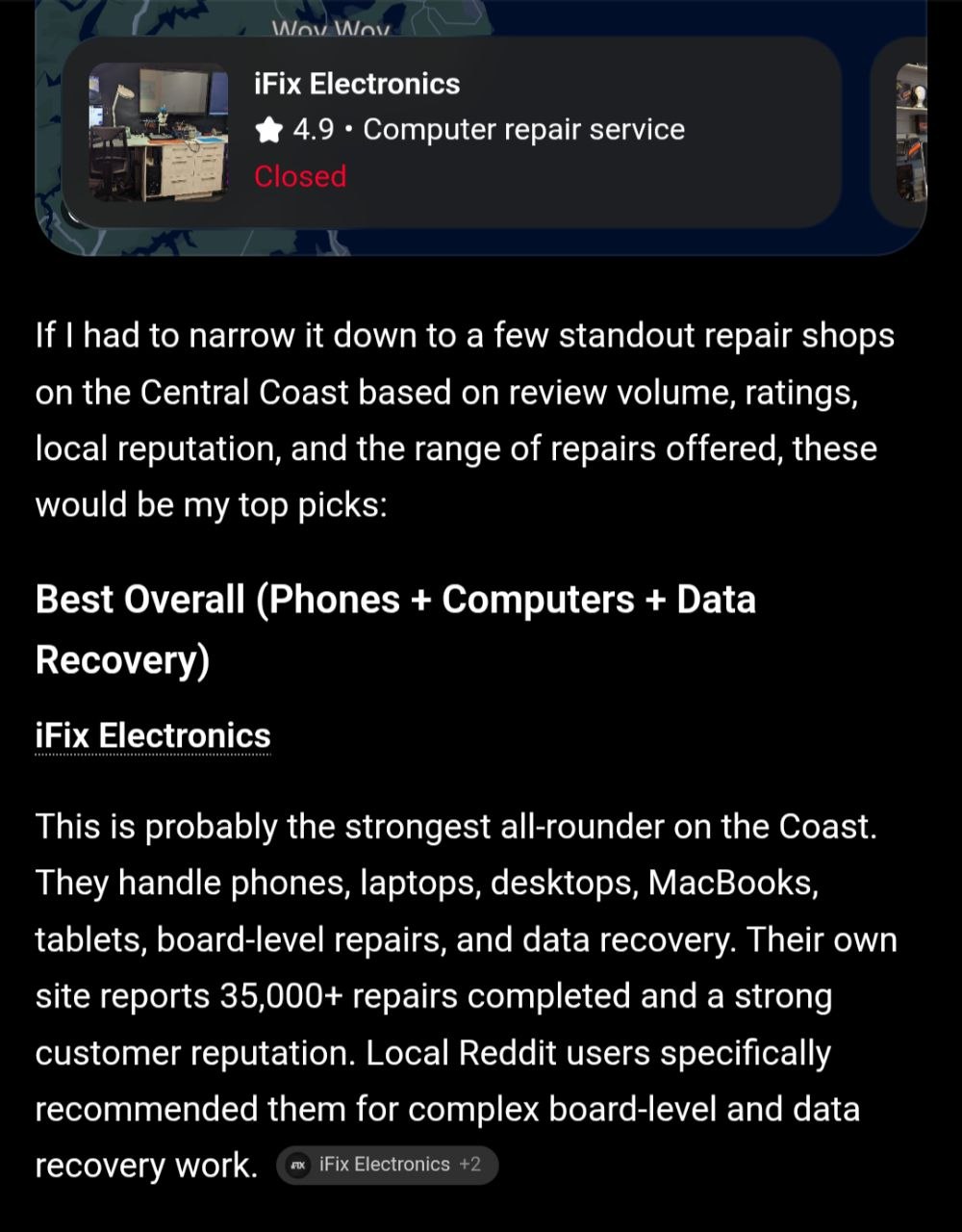 ChatGPT response naming iFix Electronics as the best overall repair shop on the Central Coast, ahead of other listed options