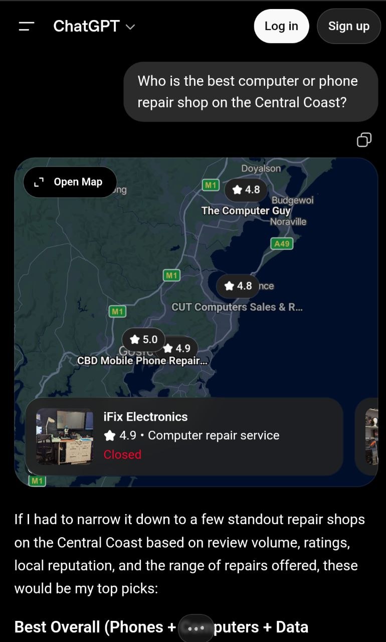 ChatGPT interface showing the question typed while logged out with no account: who is the best repair shop on the Central Coast