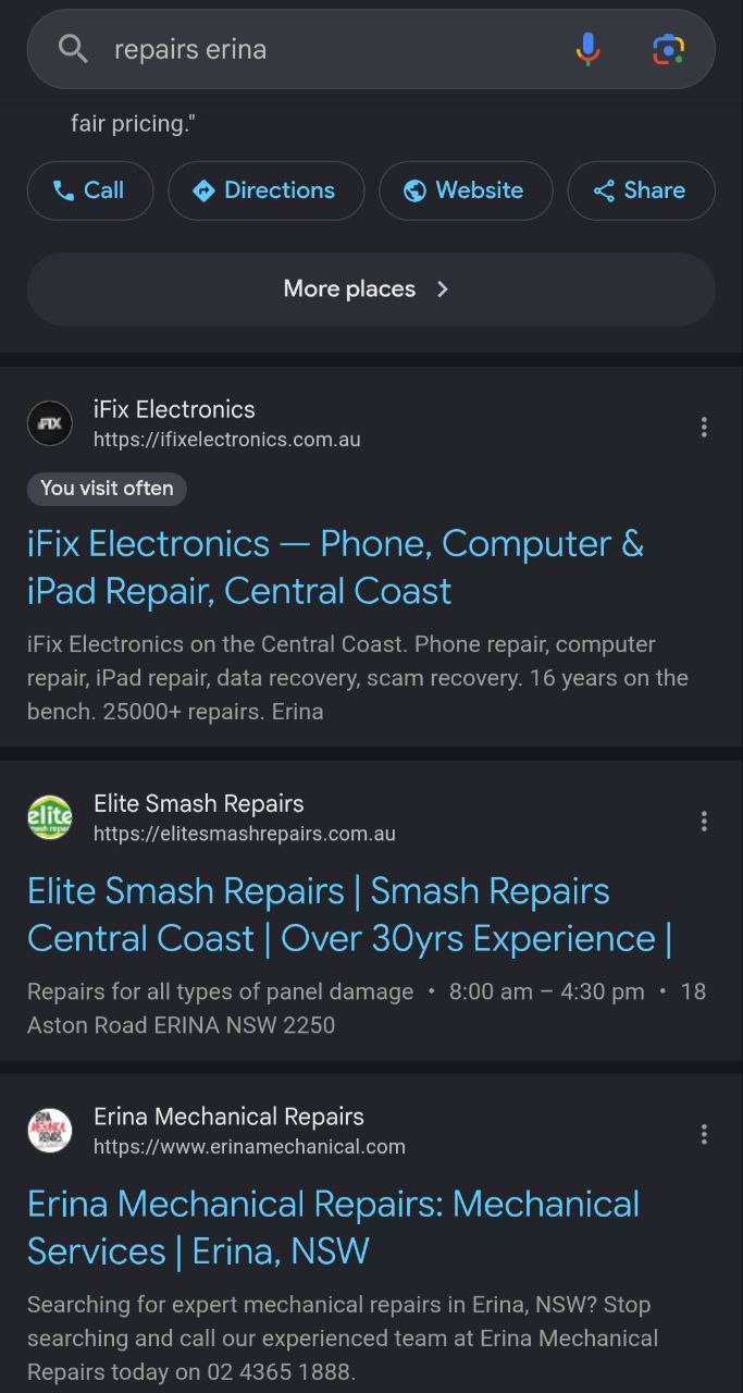 Google search results for 'repairs erina' with iFix Electronics in the top organic position, above mechanics, smash repairers and other trade businesses